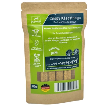Verpackung für knusprige Käse-Stange-Hundesnacks, 80g, mit einer braunen Tüte mit grünen und blauen Akzenten, die "100% vegetarisch" und "90% Kuhmilch" angibt.
