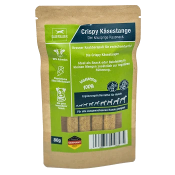 Opakowanie psiego przysmaku Crispy Käse Stange, 80g, z brązową torbą z zielonymi i niebieskimi akcentami, z napisem "100% wegetariańskie" i "90% mleka krowiego."