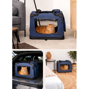 Orange getigerte Katze in blauem Weichträger mit der Aufschrift 'lionto', gezeigt in Wohn- und Autoszenen.