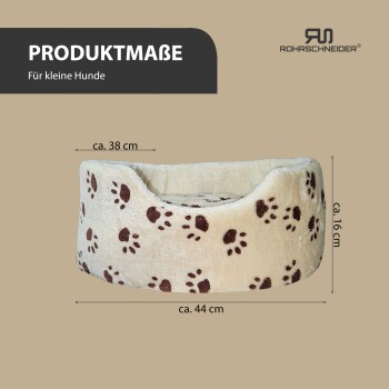 Hundebett für kleine Hunde, cremefarben mit braunen Pfotenabdrücken, Maße ca. 44 cm breit, 38 cm lang und 16 cm hoch.