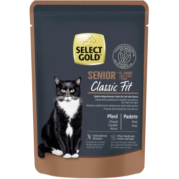 Select Gold Senior Classic Fit Katzenfutterbeutel mit einer schwarz-weißen Katze, '+12 Jahre', Pferdepastete.