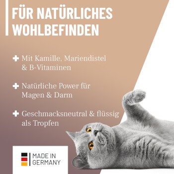 Graue Katze liegt auf dem Rücken, deutscher Text "FÜR NATÜRLICHES WOHLBEFINDEN", Produktaufzählungspunkte und "MADE IN GERMANY"-Label