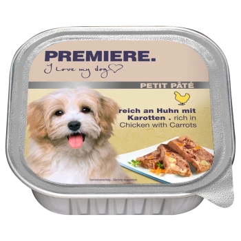 Hundefutterverpackung mit einem niedlichen Hund, der seine Zunge herausstreckt, beschriftet "PREMIERE. Ich liebe meinen Hund" und "reich an Huhn mit Karotten."