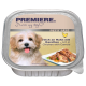 Hundefutterverpackung mit einem niedlichen Hund, der seine Zunge herausstreckt, beschriftet "PREMIERE. Ich liebe meinen Hund" und "reich an Huhn mit Karotten."