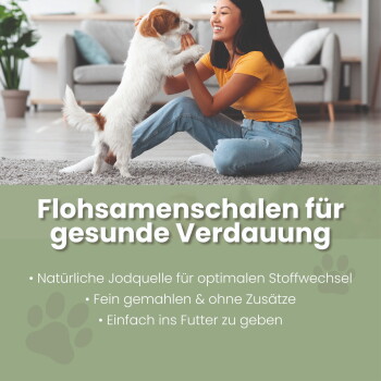 Verpacktes Produkt für Haustiere, das "Flohsamenschalen" für Hunde und Katzen enthält, mit Angaben zur 99%igen Reinheit und Verdauungsvorteilen.
