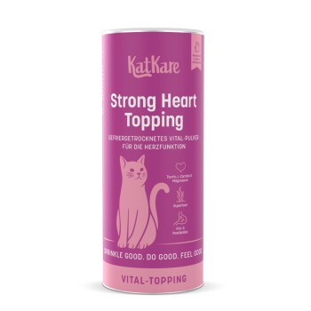 Rosa KatKare 'Strong Heart Topping'-Dose für Katzen mit Katzenillustration, beschriftet mit 'Vital-Topping' und kleinem Slogan.