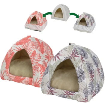 Zwei farbenfrohe Haustierzelt mit tropischen Blattmustern, eines in Pink und das andere in Grau, mit weichen beigen Kissen im Inneren.