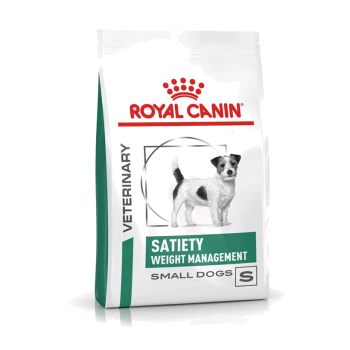 Royal Canin Veterinärdiätbeutel für kleine Hunde, beschriftet mit "Sättigung Gewichtsmanagement", mit einer schwarz-weißen Hundillustration.