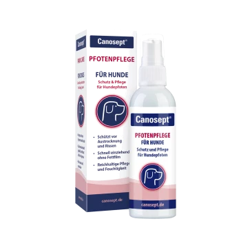 Canosept Pfotenpflege-Sprayflasche und Verpackung für Hunde, beschriftet mit 'Pfotenpflege für Hunde', Markenname und canosept.de.