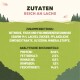 Zutatenliste für Haustierfutter mit Lachs, mit Nährwertanalyse: Protein 22%, Fett 2,5%, Asche 8%, Ballaststoffe 1%, Feuchtigkeit 14,5%.