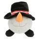 Ein plüschiger Schneemann-Spielzeug mit einem schwarzen Hut mit roten Streifen und einer orangefarbenen Karottennase, ausgestattet mit einem lächelnden Gesicht und schwarzen Füßen.