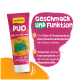 GimCat Duo Paste Multivitamin-Tube (rosa) mit Katzenzeichnung; Text 'Geschmack und Funktion' und 'Mit Käse & Katzenminze'.
