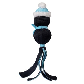 Black and blue snowman-shaped dog toy with a blue hat, scarf, and dangling fabric strips on white background.