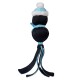 Black and blue snowman-shaped dog toy with a blue hat, scarf, and dangling fabric strips on white background.