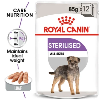 Royal Canin Sterilised dog food packaging, featuring a small dog, with text indicating "85g x 12" and "Maintains ideal weight."