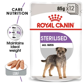 Royal Canin Sterilised dog food packaging, featuring a small dog, with text indicating "85g x 12" and "Maintains ideal weight."