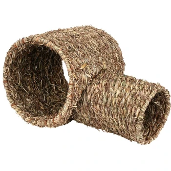 Natural woven grass pet tunnel, featuring two connected cylindrical openings for small animals to play and hide.