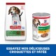 Emballage de nourriture pour chiots Hill's Science Plan, présentant un sac de croquettes sèches et une boîte de nourriture humide au poulet, avec un texte faisant la promotion des produits.