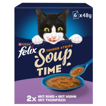 Pack Purina Felix Soup Time : chat noir et blanc qui lèche, bol de soupe ; texte : Tender Strips, 6x48g, 2x Rind/Huhn/Thunfisch.