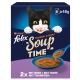 Purina Felix 'Soup Time'-Pack: schwarz-weiße Katze, die sich die Lippen leckt, Suppenschüssel; Text: Tender Strips, 6x48g, 2x Rind/Huhn/Thunfisch.