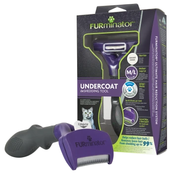 Purple FURminator undercoat deShedding tool (M/L Short Hair) with box reading 'UNDERCOAT deSHEDDING TOOL' and FURjector tab.