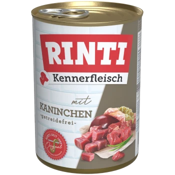 Dose Rinti Kennerfleisch getreidefreies Kaninchen-Nassfutter für Hunde mit Fleischstücken und Innereien auf dem Etikett.