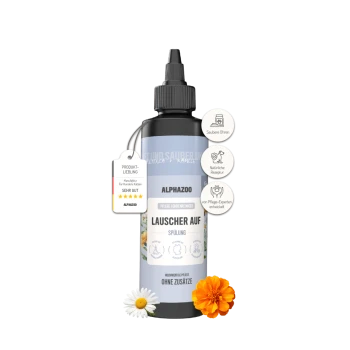 Flasche Alphazoo Ohrreiniger für Haustiere mit Kamille und Ringelblumen, beschriftet mit "Lauscher Auf Spülung" und Produktvorteilen.