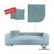Hellblaues Haustiersofa mit zwei passenden Kissen, mit einer Nahaufnahme der Stofftextur und einem "Made in EU"-Etikett.