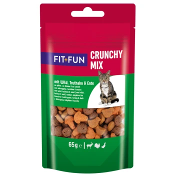 Katzenfutterverpackung für "FIT+FUN Crunchy Mix", mit einer Tabby-Katze, mit Text, der angibt, dass es Wild, Truthahn und Ente enthält.