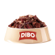 Eine Haustierfutterschüssel gefüllt mit Fleischstücken, beschriftet mit "DIBO" und dem Slogan "Für die Besten das Beste" auf Deutsch.