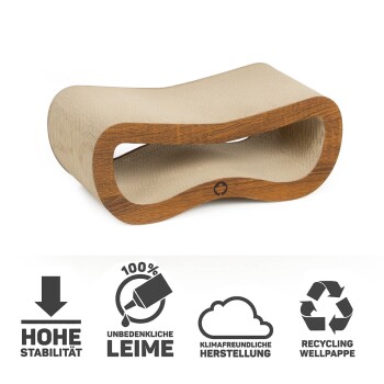 Gekrümmter beiger Kratzbaum für Katzen mit Holzrand; Highlights: "Hohe Stabilität," "Ungiftige Kleber," "Umweltfreundliche Produktion," "Recycelter Karton."
