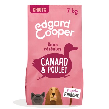Sac de nourriture pour chien de la marque Edgard Cooper, 7 kg, étiqueté "Sans céréales" et "Canard & Poulet," avec des illustrations d'un chien et d'un canard.
