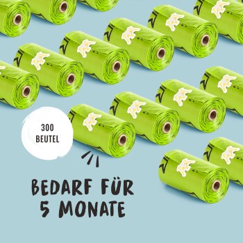 Grüne Haustierabfallbeutel, die in Reihen angeordnet sind, mit dem Text "300 Beutel" und "Bedarf für 5 Monate" auf einem hellblauen Hintergrund.