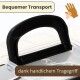 Nahaufnahme des schwarzen Griffs am durchsichtigen Deckel der Transportbox, Text: 'Bequemer Transport' und 'dank handlichem Tragegriff'.