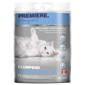 Excellent XL klontvormende kattenbakvulling 12 kg Klontvormende kattenbakvulling met een witte kat op zijn rug. Het label zegt 'PREMIERE' en benadrukt minder plakken aan vacht en poten.