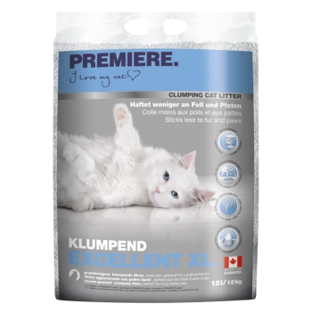 Klontvormende kattenbakvulling met een witte kat op zijn rug. Het label zegt 'PREMIERE' en benadrukt minder plakken aan vacht en poten.