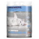 Clumping cat litter bag with a white cat on its back. Label reads "PREMIERE" and highlights less sticking to fur and paws.