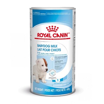 Formuła mleka Royal Canin Babydog dla szczeniąt, odpowiednia dla wieku 0-2 miesiące, puszka 400g, z informacjami o wartości odżywczej i instrukcjami użytkowania.