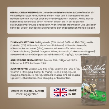 Dr. John Grain Free Chicken and Potato Haustierfutterverpackung, mit Zutaten, Nährwertanalyse und Fütterungshinweisen auf Deutsch.
