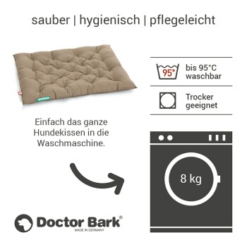 Ein braunes Hundebett mit gepolstertem Design, beschriftet mit "sauber | hygienisch | pflegeleicht", maschinenwaschbar bis 95°C und trocknergeeignet.
