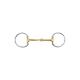 Ein glänzendes, gold- und silberfarbenes Pferdegebiss mit zwei Ringen an jedem Ende, vor einem weißen Hintergrund präsentiert.