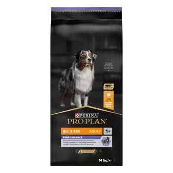Adult Performance Huhn 14kg Eine 14 kg schwere Tüte Hundefutter von Purina Pro Plan, mit einem Hund auf der Vorderseite. Der Text hebt "Hoher Proteingehalt", "Alle Größen", "Erwachsene" und "Leistung" hervor.