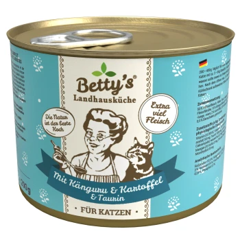 mit Känguru & Kartoffel 6x200 g Dose von Betty's Landhausküche Katzenfutter mit Känguru und Kartoffel, eine Frau beim Kochen und eine Katze. Text: "Extra viel Fleisch" und "Für Katzen."
