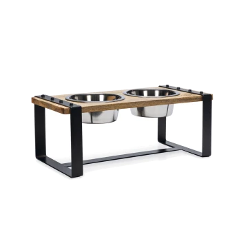 Erhöhte Futterstation für Haustiere mit einer Holzoberfläche und zwei Edelstahlschalen, mit einem stabilen schwarzen Metallrahmen.