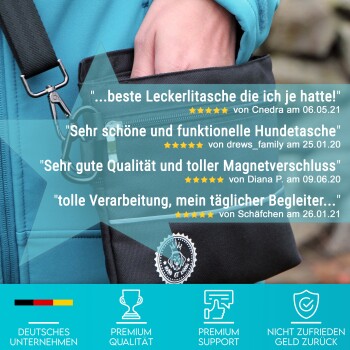 Bild einer Hand, die eine Haustier-Leckerlitasche hält, mit positiven Kundenbewertungen, fünf-Sterne-Bewertungen und Text in Deutsch.