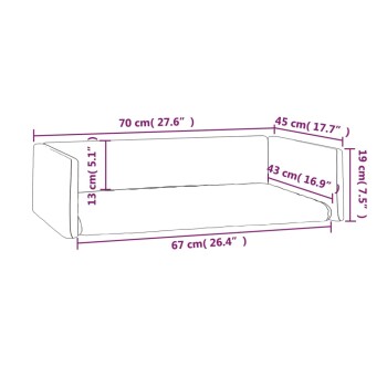 Illustration eines Haustiersofas mit beschrifteten Abmessungen: 70 cm (27,6") Länge, 45 cm (17,7") Breite, 19 cm (7,5") Höhe.