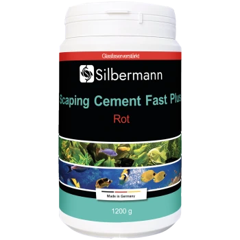 Behälter mit Silbermann Scaper's Cement Fast Plus in Rot, 1200 g, mit bunten Fischen und Wasserpflanzen auf dem Etikett.
