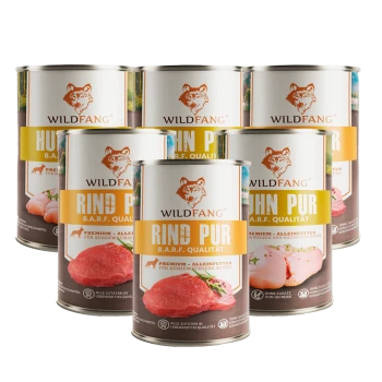 Sechs Wildfang-Hundefutterdosen mit Aufschrift 'RIND PUR B.A.R.F. QUALITÄT' und Bild von rohem Rindfleisch auf der Vorderseite.