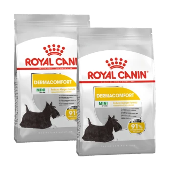 Deux sacs de nourriture pour chiens Royal Canin Dermacomfort pour mini races, présentant une silhouette de chien noir et "Formule à allergènes réduits."