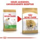 Bild von zwei Beuteln Royal Canin Hundefutter für erwachsene Möpse, das ein neues Design auf der rechten Seite mit dem Text "NEUES AUSSEHEN, UNVERÄNDERTE REZEPTUR" zeigt.